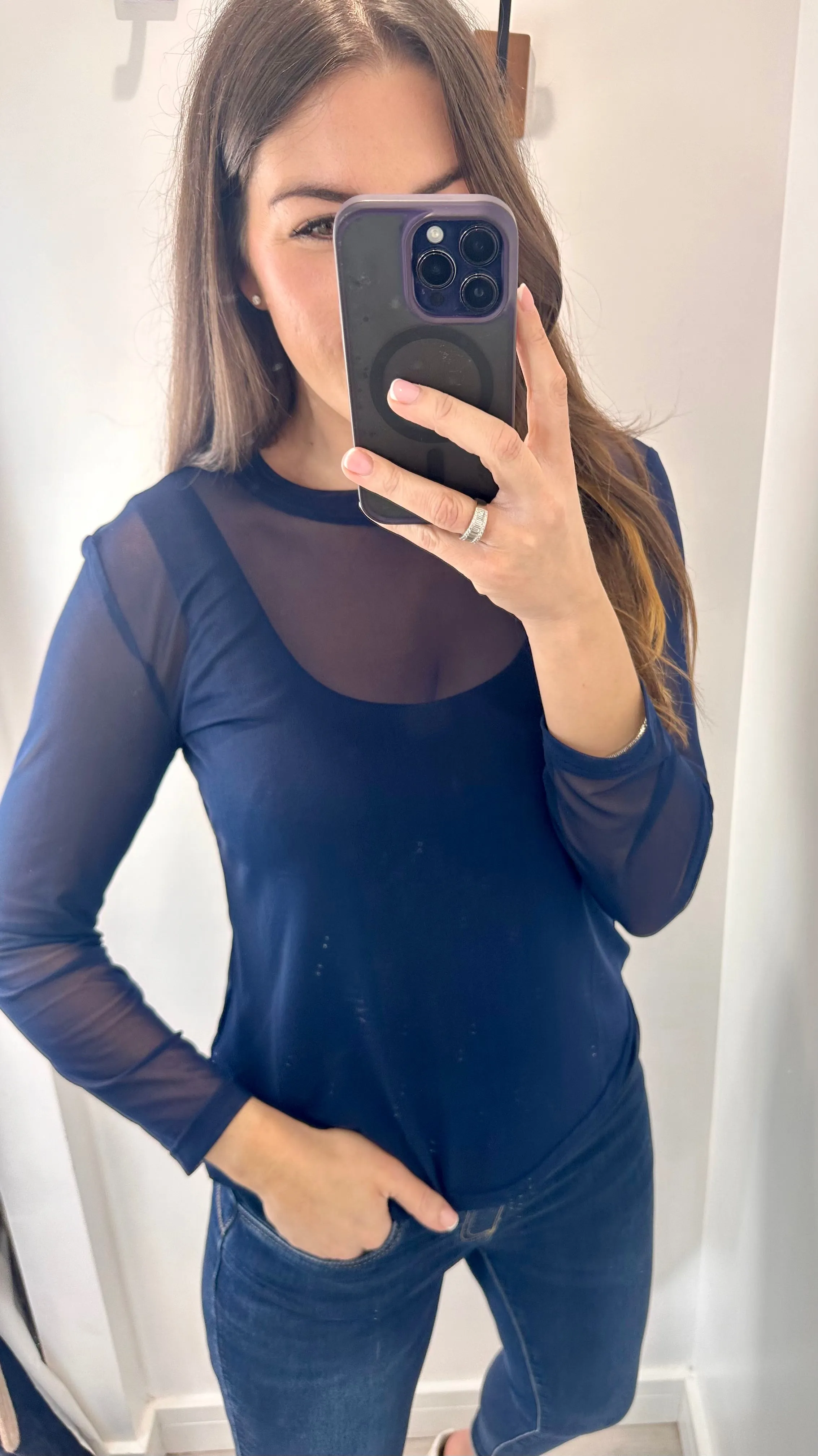 NAVY SHEER TOP
