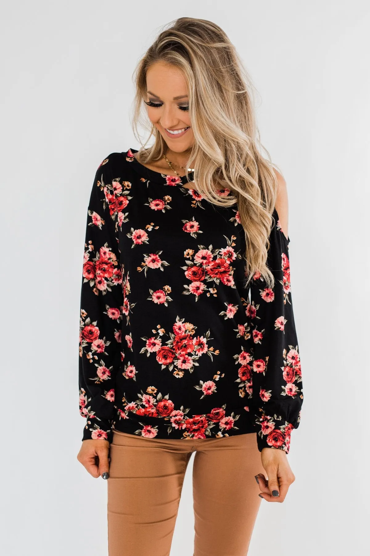 Never Alone Long Sleeve Floral Top- Black