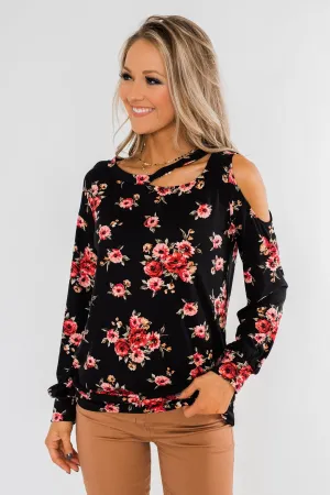 Never Alone Long Sleeve Floral Top- Black