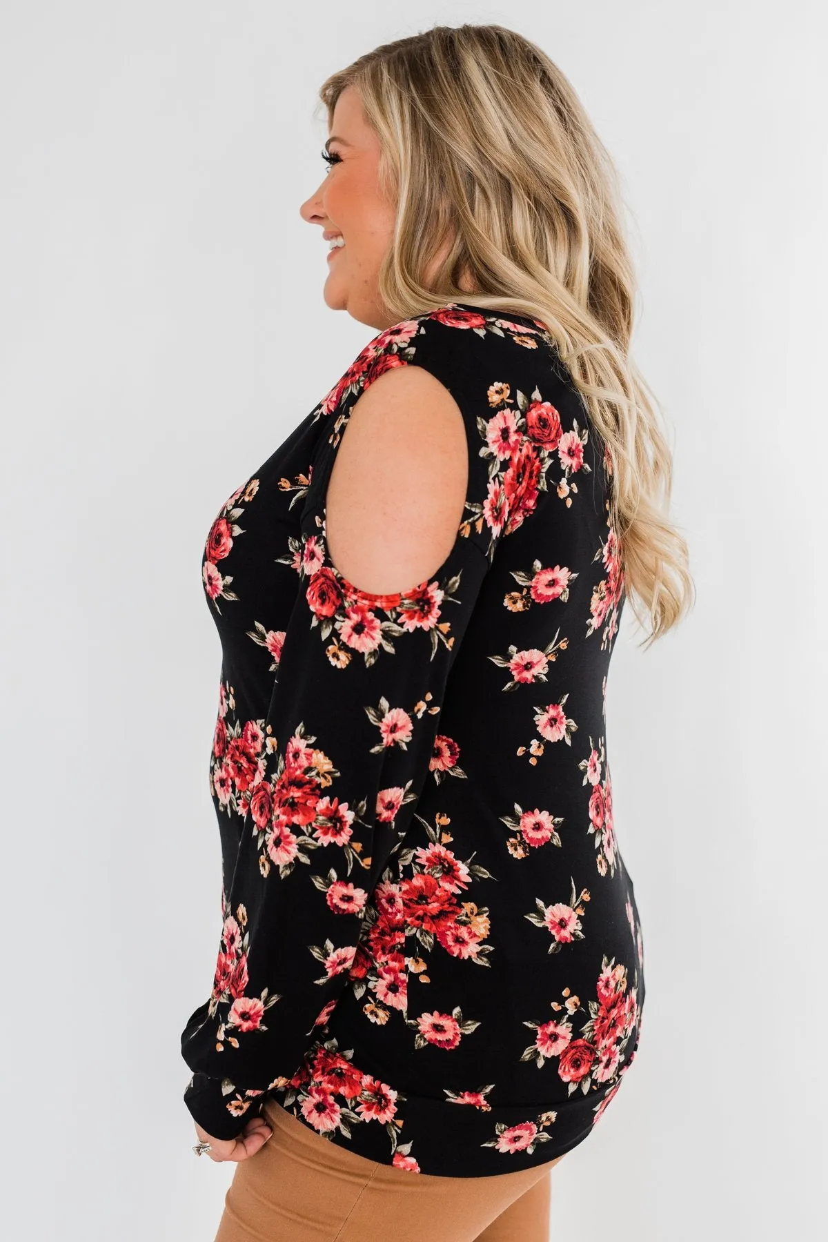 Never Alone Long Sleeve Floral Top- Black
