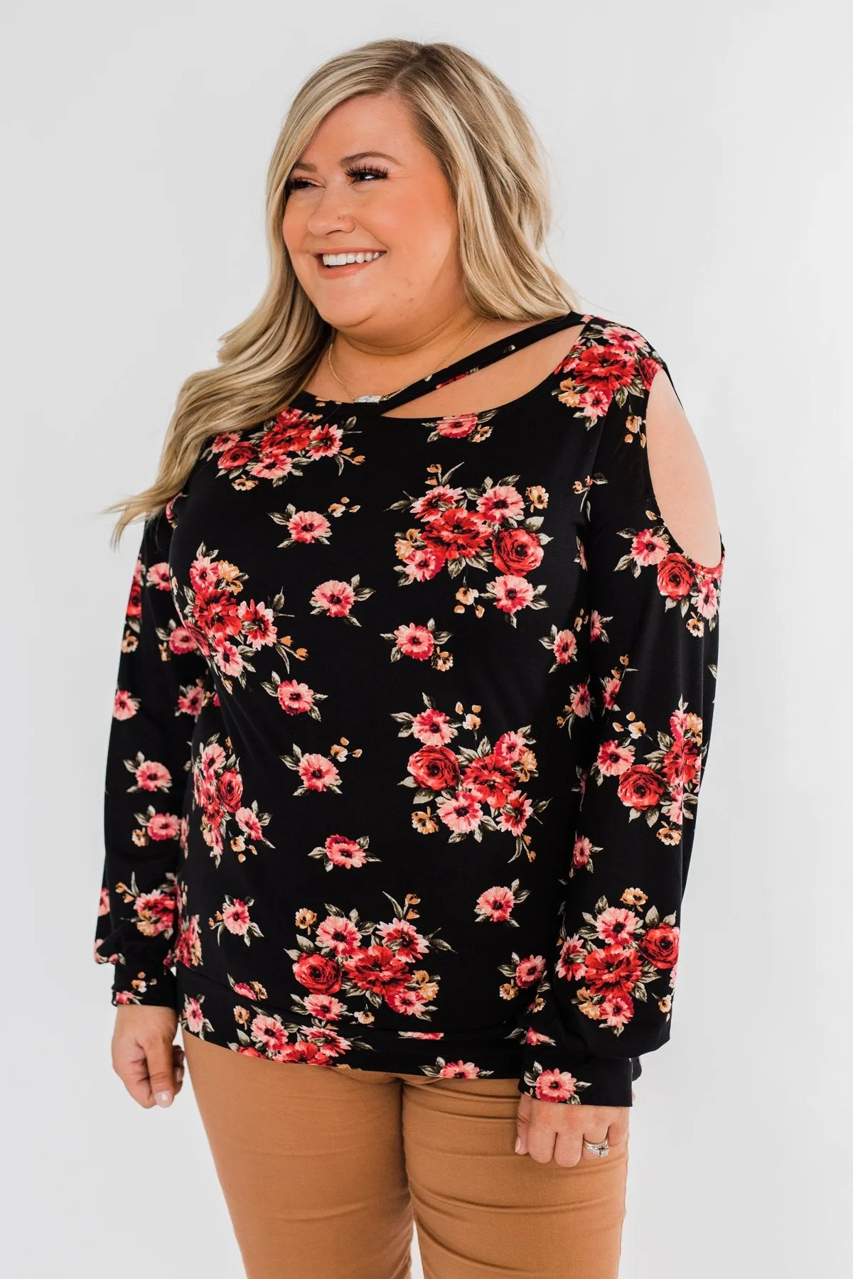 Never Alone Long Sleeve Floral Top- Black