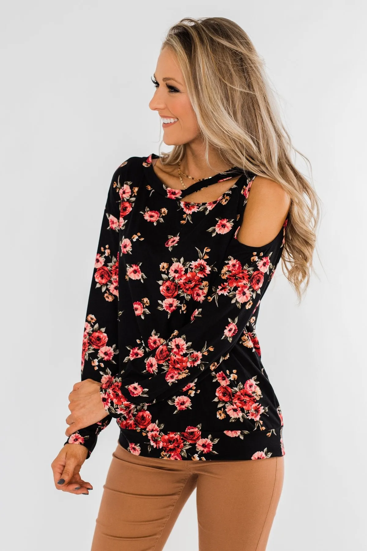 Never Alone Long Sleeve Floral Top- Black