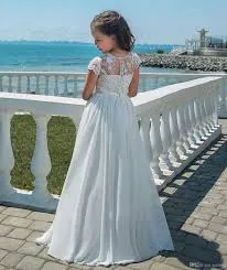 New Arrival Round Neck Short Sleeve Off-White Chiffon Long Cheap Flower Girl Dresses, FGS0008