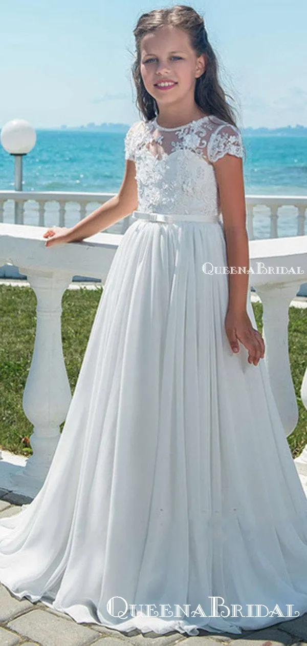New Arrival Round Neck Short Sleeve Off-White Chiffon Long Cheap Flower Girl Dresses, FGS0008