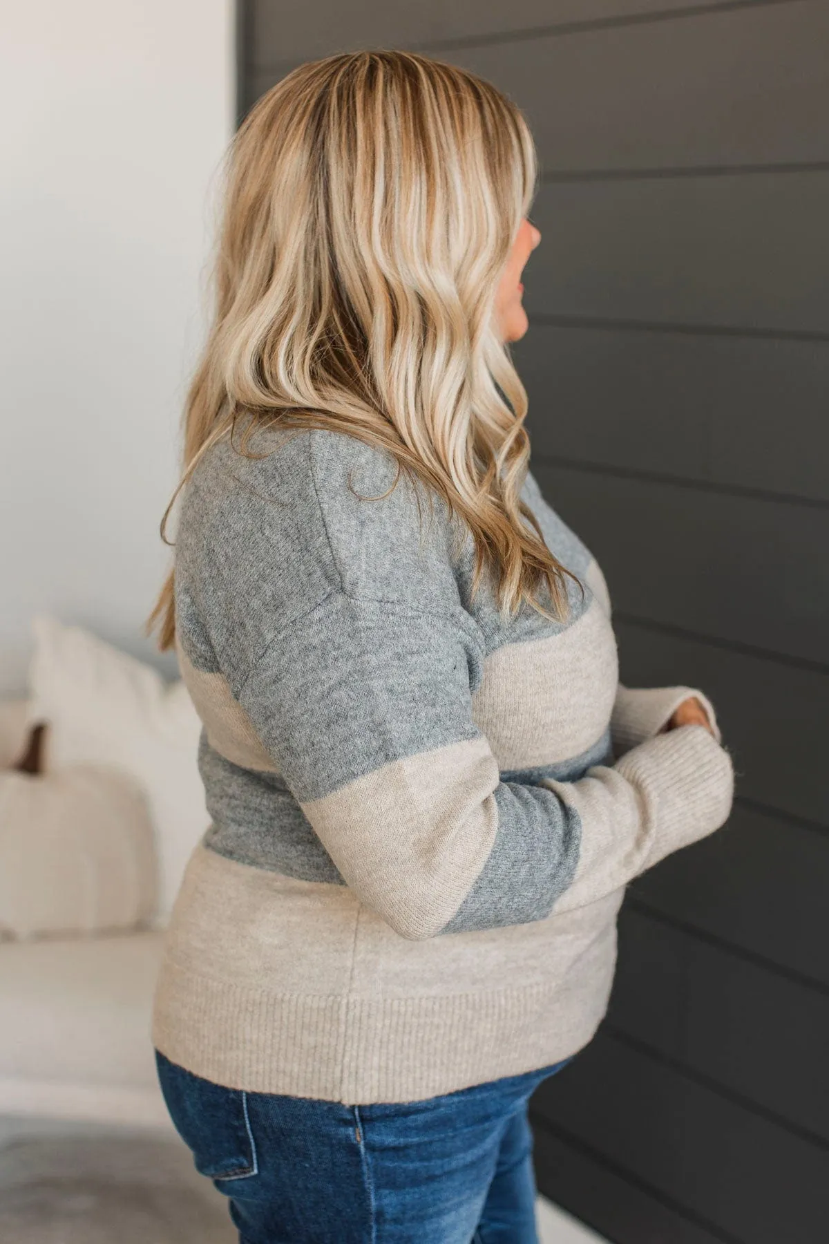 New Aspirations Striped Sweater- Heather Grey