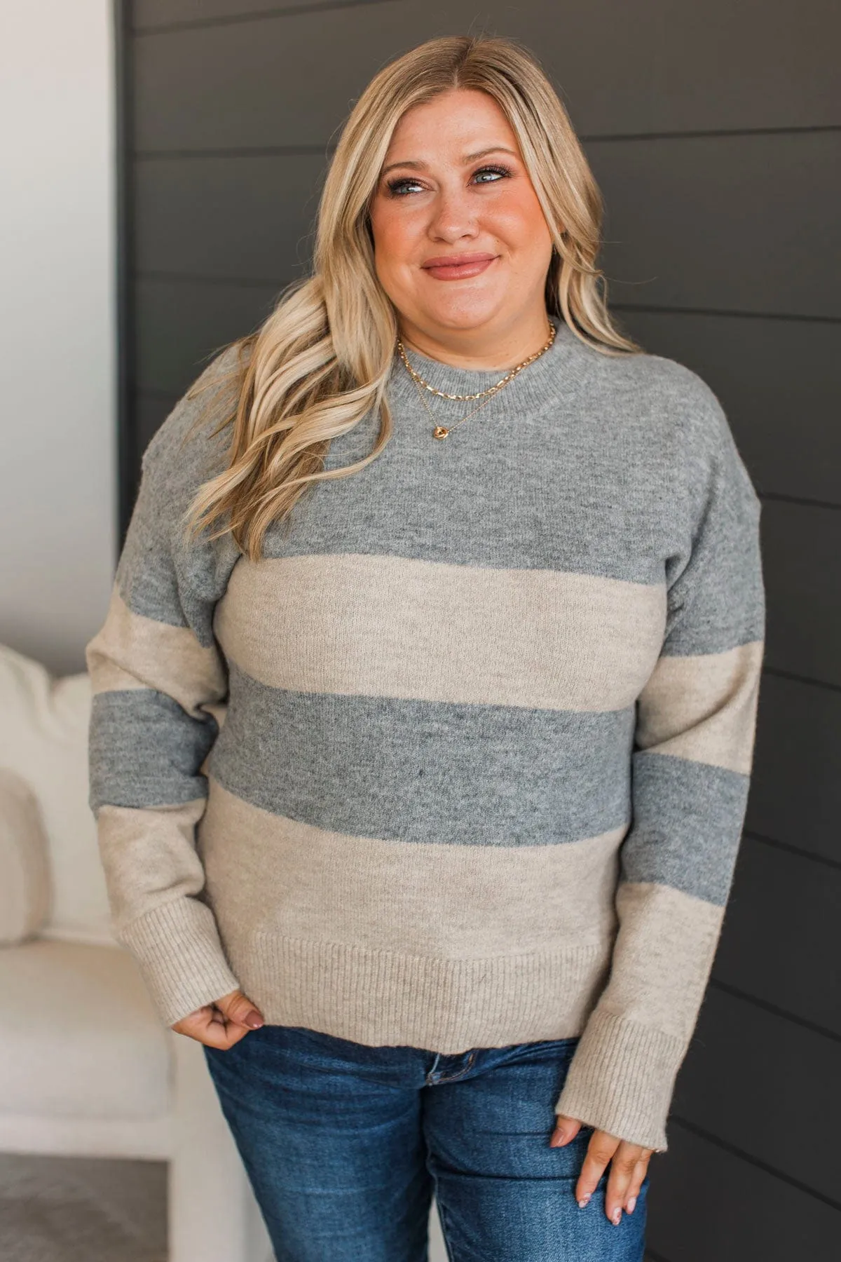 New Aspirations Striped Sweater- Heather Grey