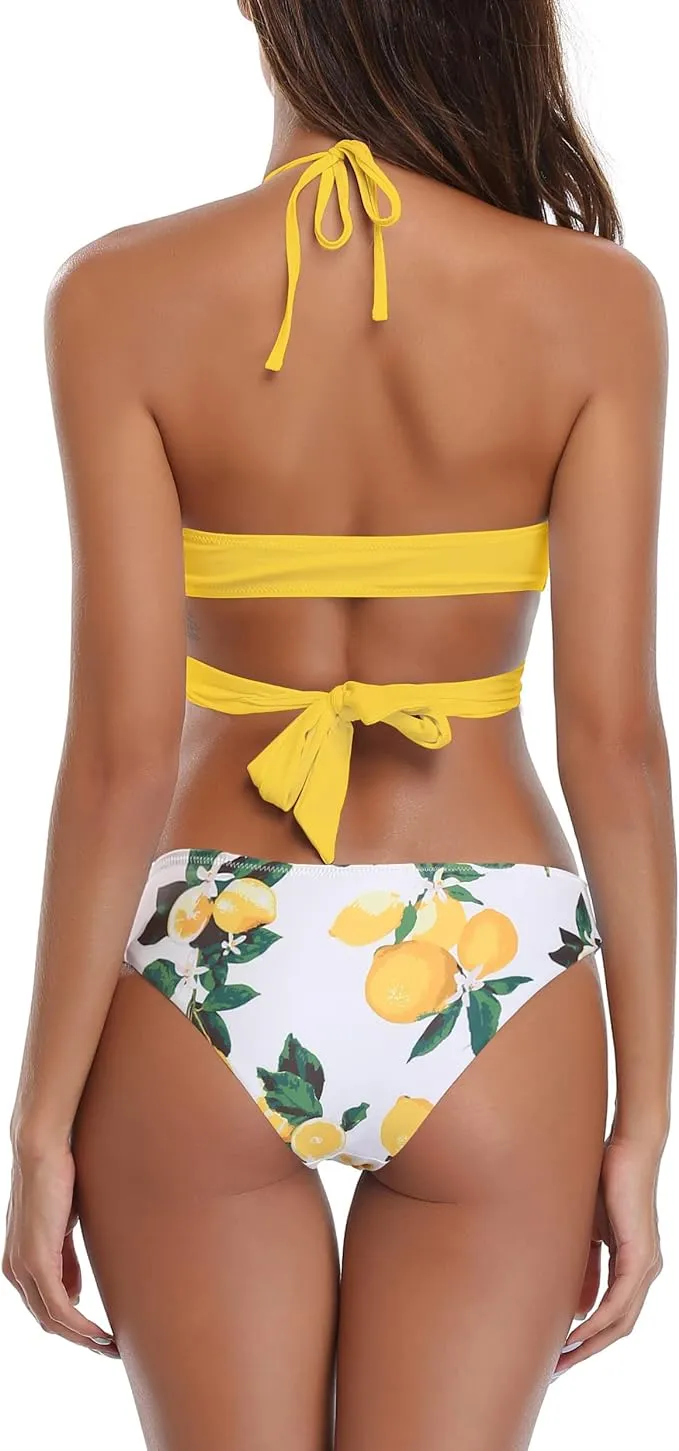 New SHEKINI Womens Bathing Suits Push Up Halter Bandage Bikini Floral Printed Swim Bottoms Two Piece Swimsuit Sz S