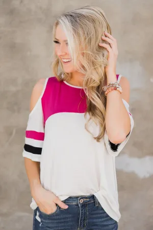 No Rush Cold Shoulder Top- Hot Pink