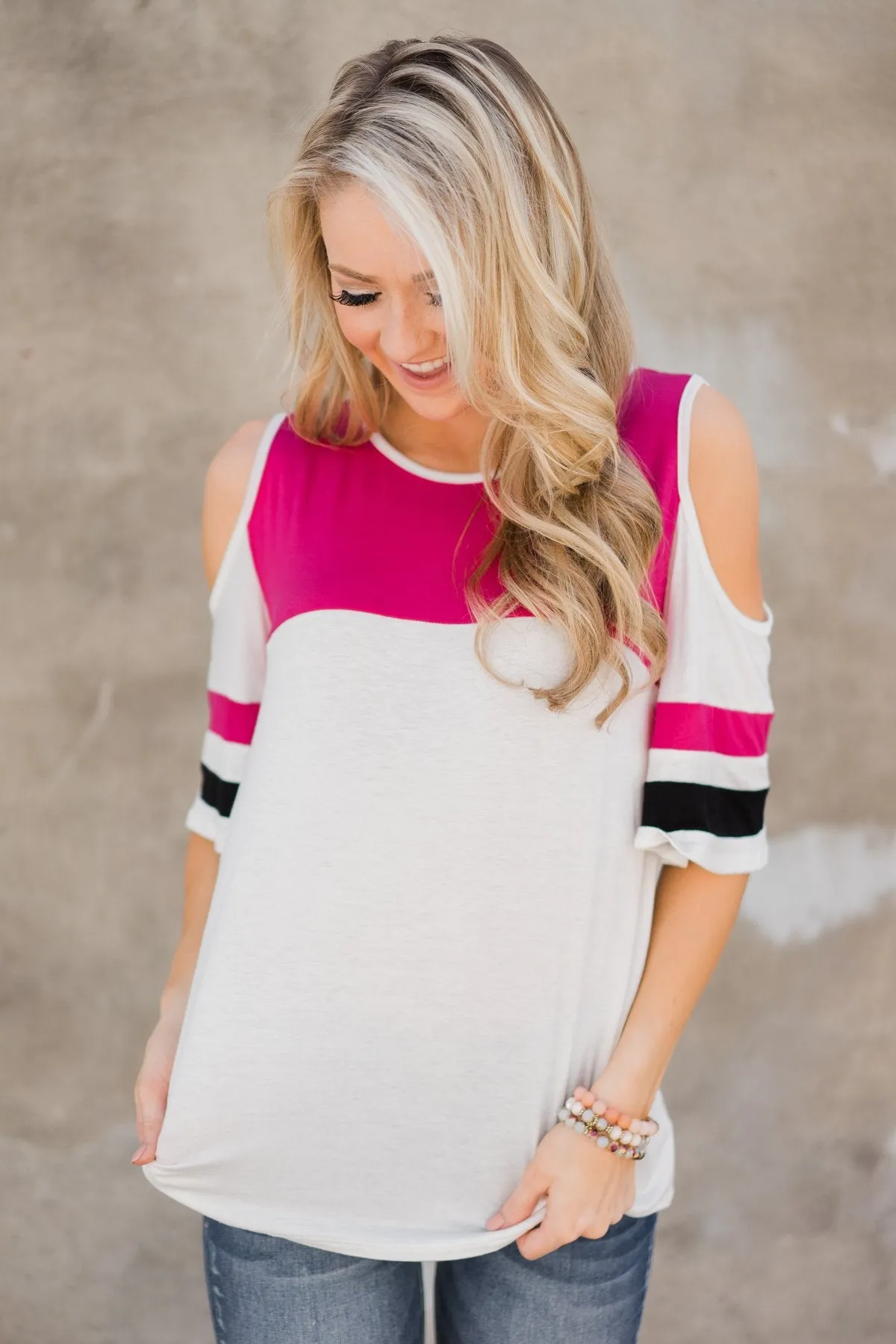 No Rush Cold Shoulder Top- Hot Pink