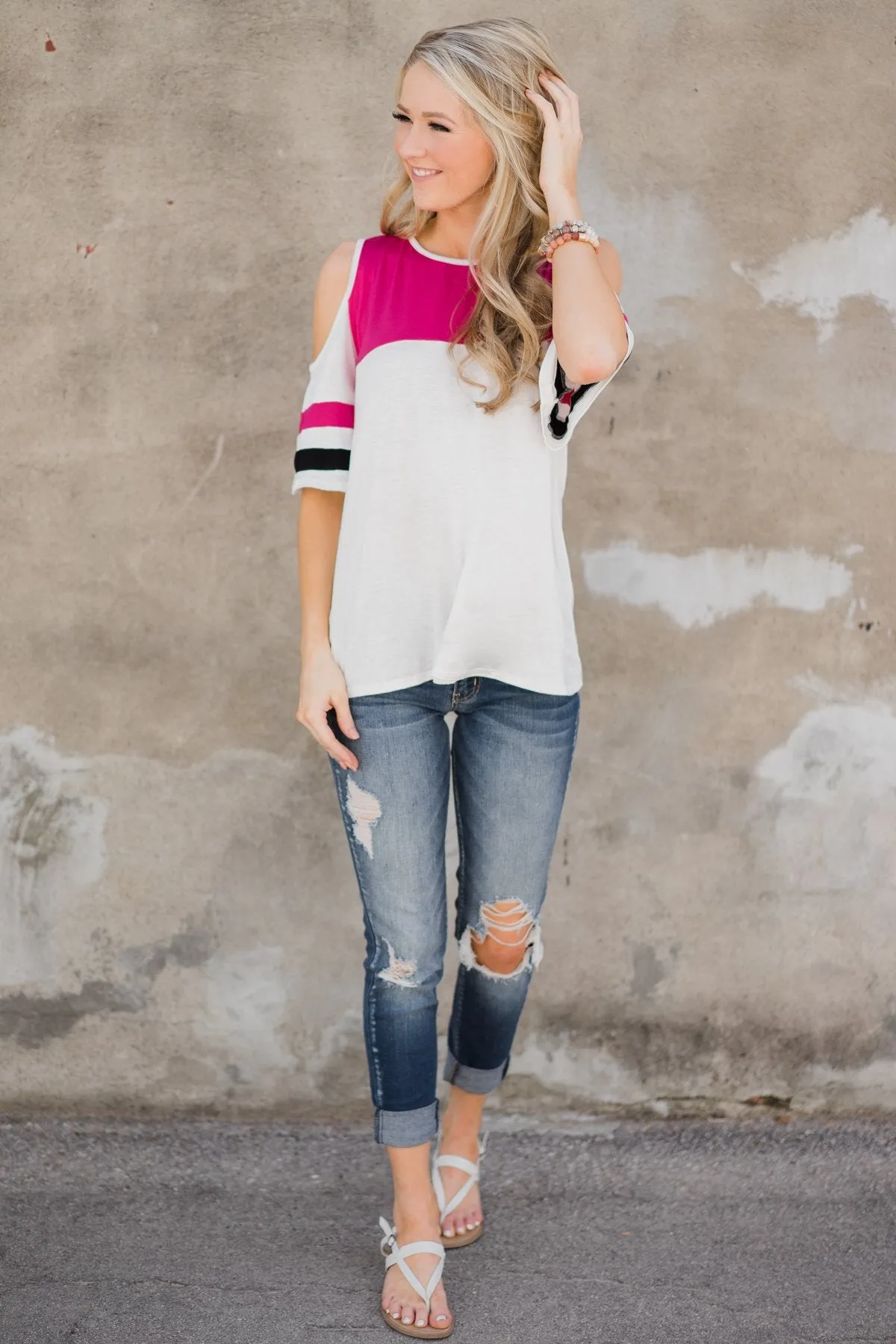 No Rush Cold Shoulder Top- Hot Pink