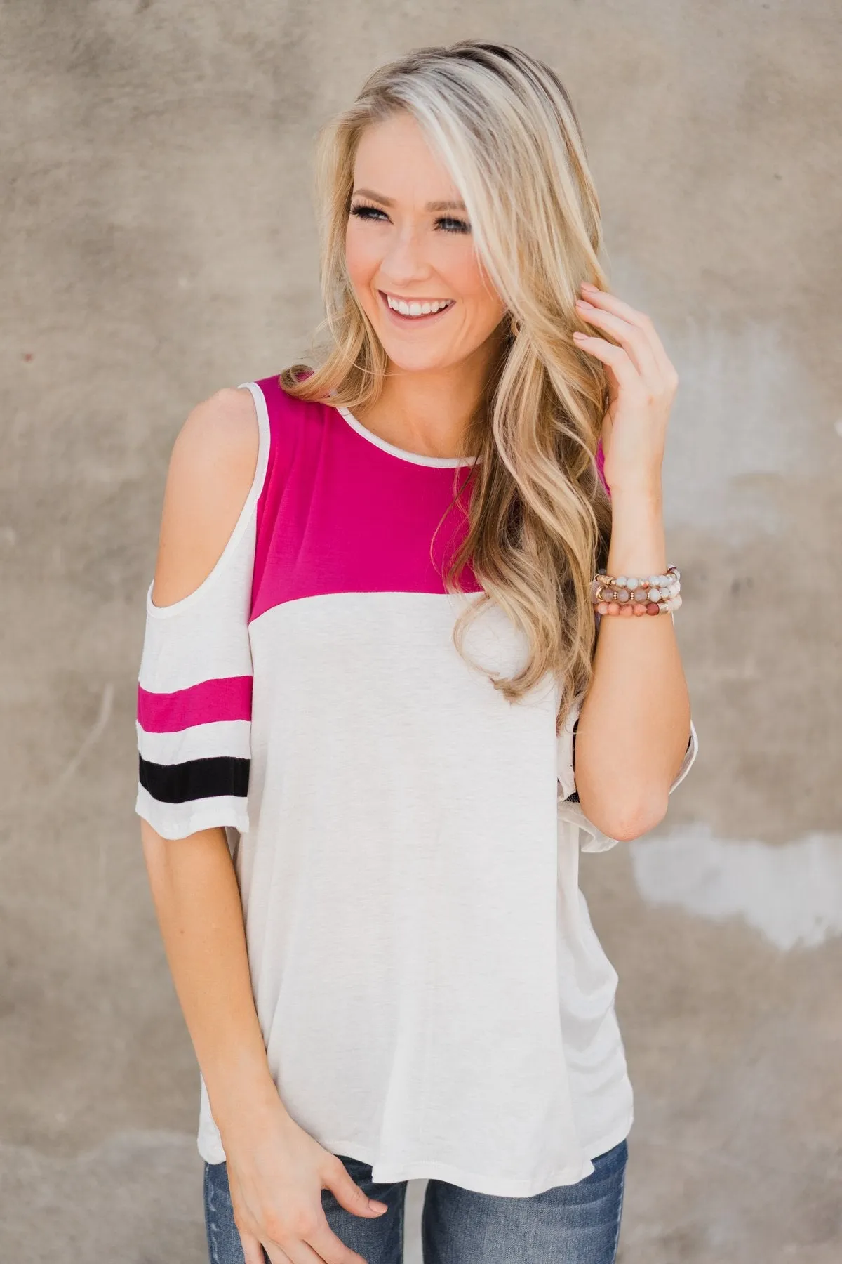 No Rush Cold Shoulder Top- Hot Pink