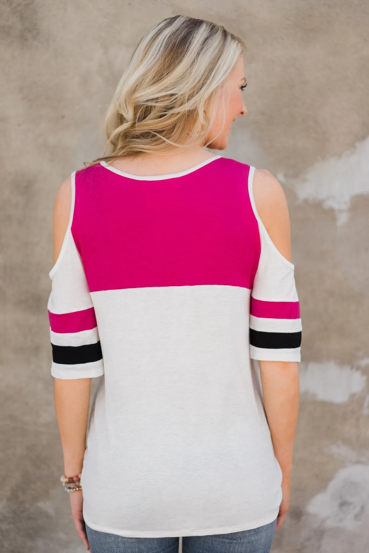 No Rush Cold Shoulder Top- Hot Pink