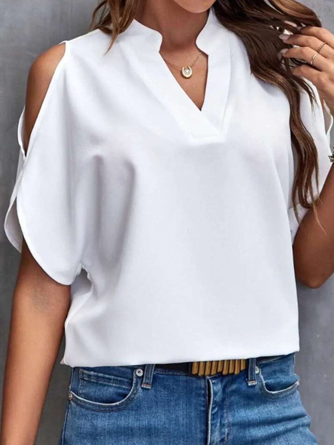 Notched Cold Shoulder Half Sleeve Blouse (6 Colors)