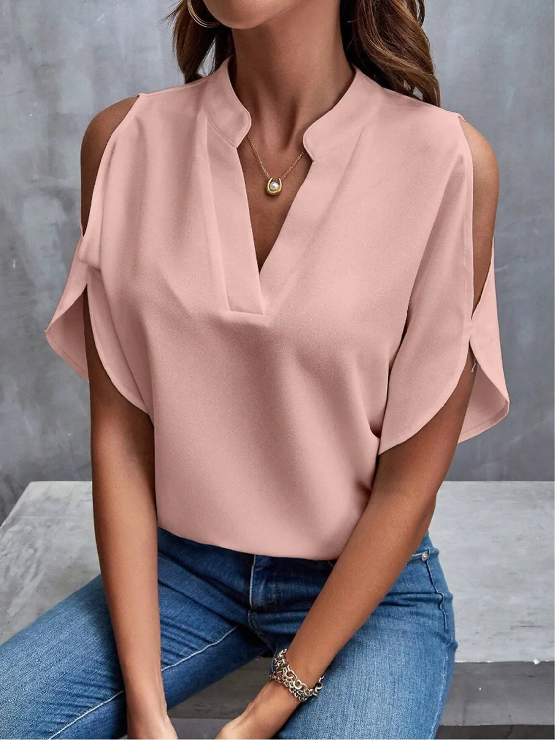 Notched Cold Shoulder Half Sleeve Blouse (6 Colors)