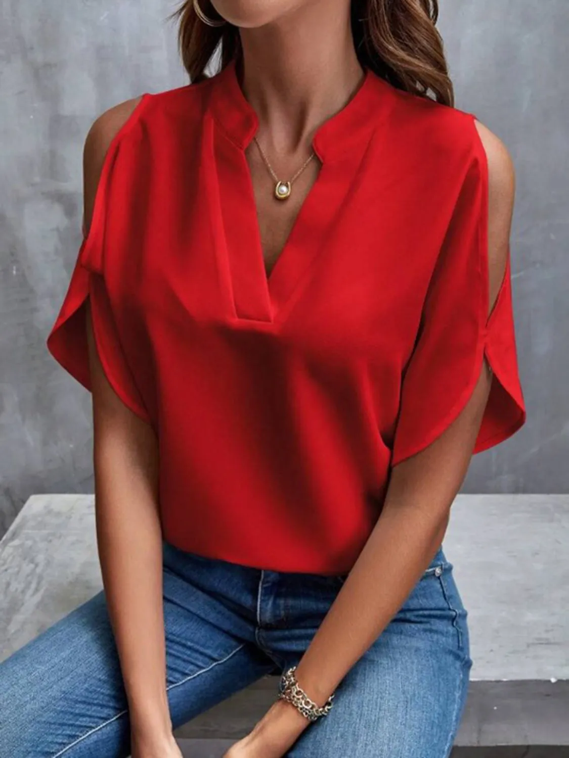 Notched Cold Shoulder Half Sleeve Blouse (6 Colors)