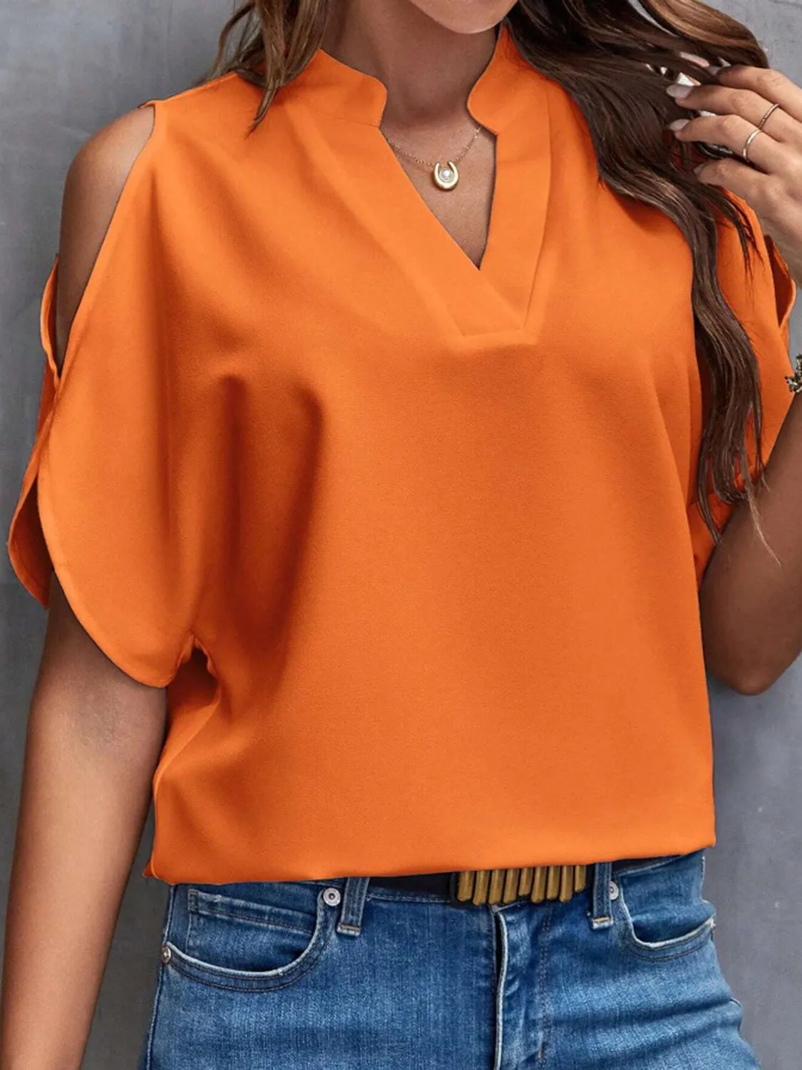 Notched Cold Shoulder Half Sleeve Blouse (6 Colors)