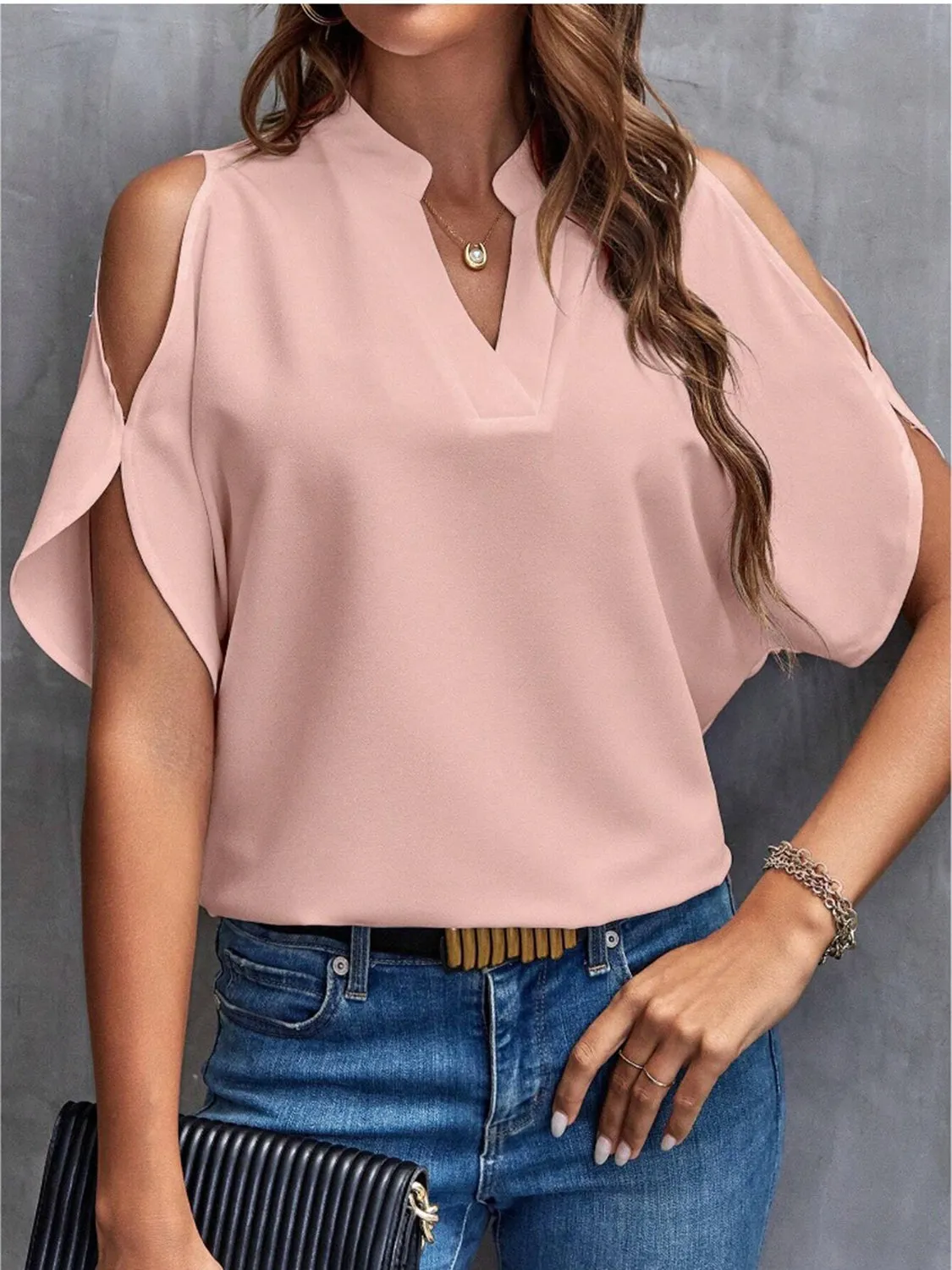 Notched Cold Shoulder Half Sleeve Blouse (6 Colors)