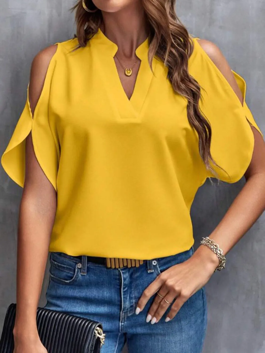 Notched Cold Shoulder Half Sleeve Blouse (6 Colors)