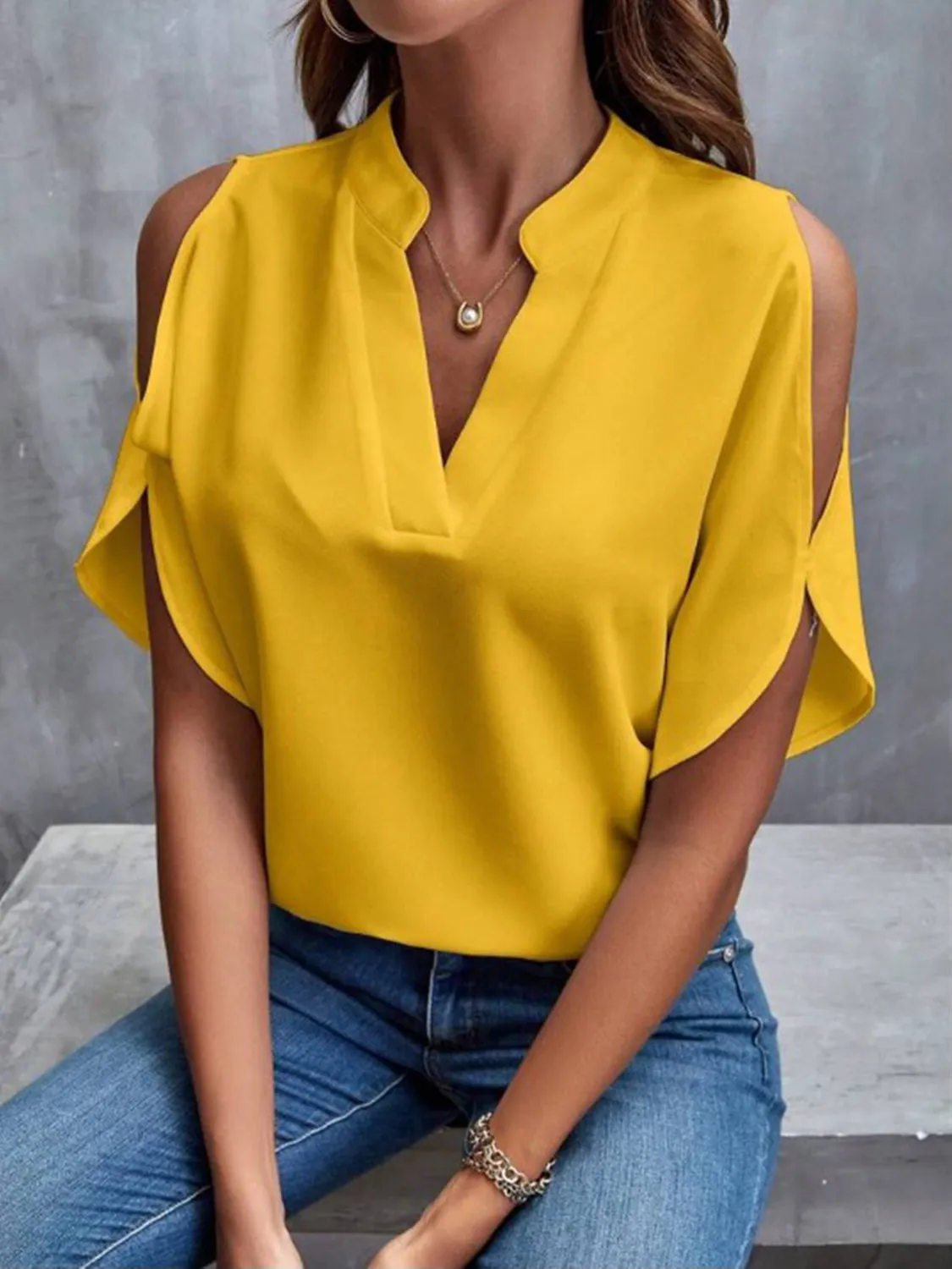 Notched Cold Shoulder Half Sleeve Blouse (6 Colors)