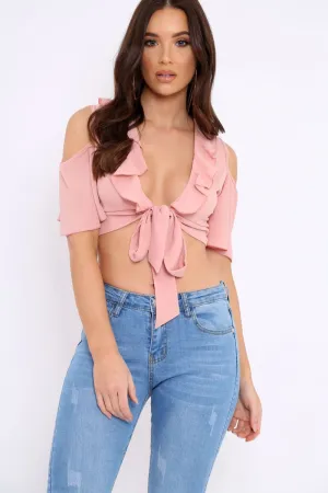 Nude Tie Front Cold Shoulder Crepe Crop Top - Dalia