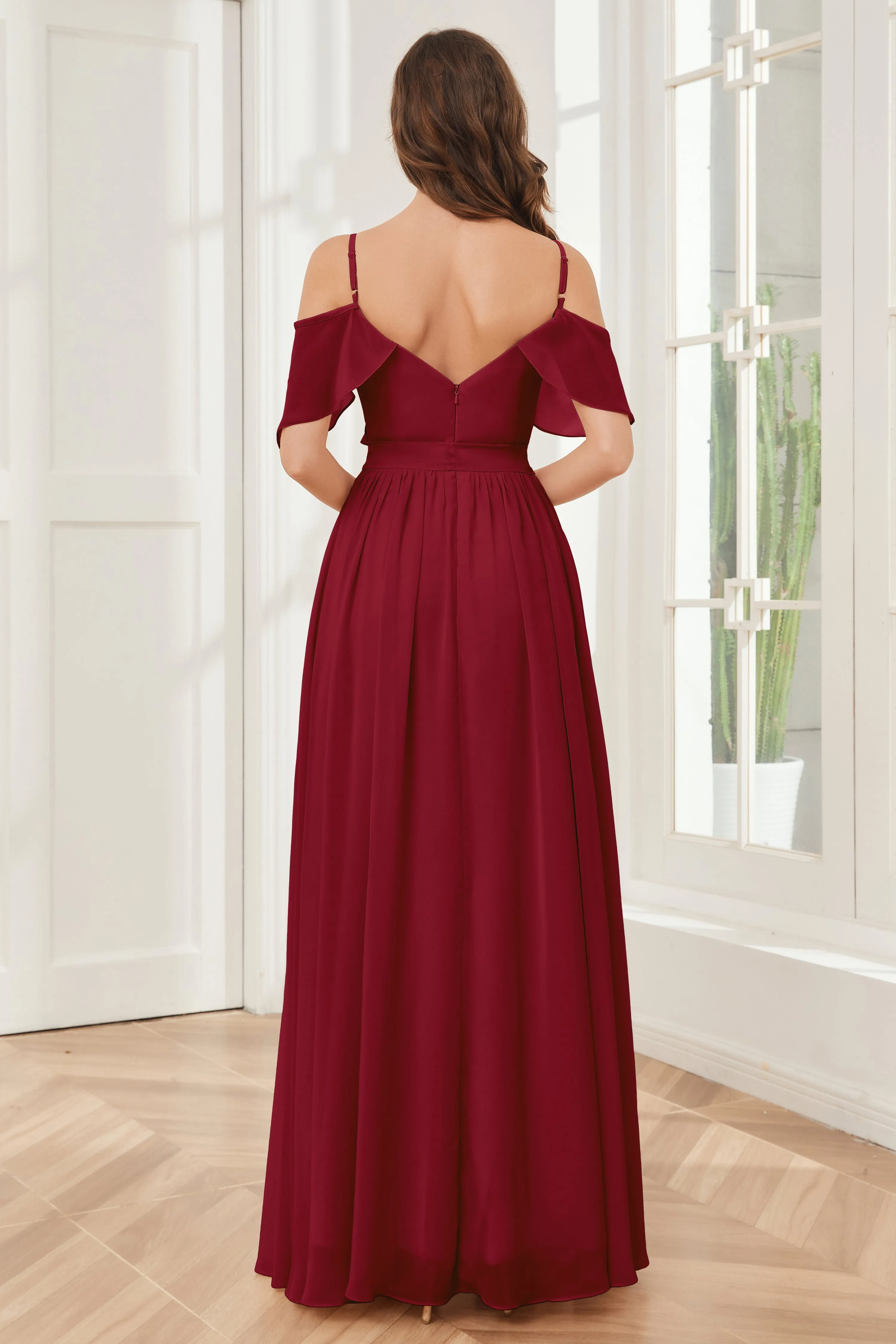 Off the Shoulder Ruffles Chiffon Bridesmaid Dresses with Slit
