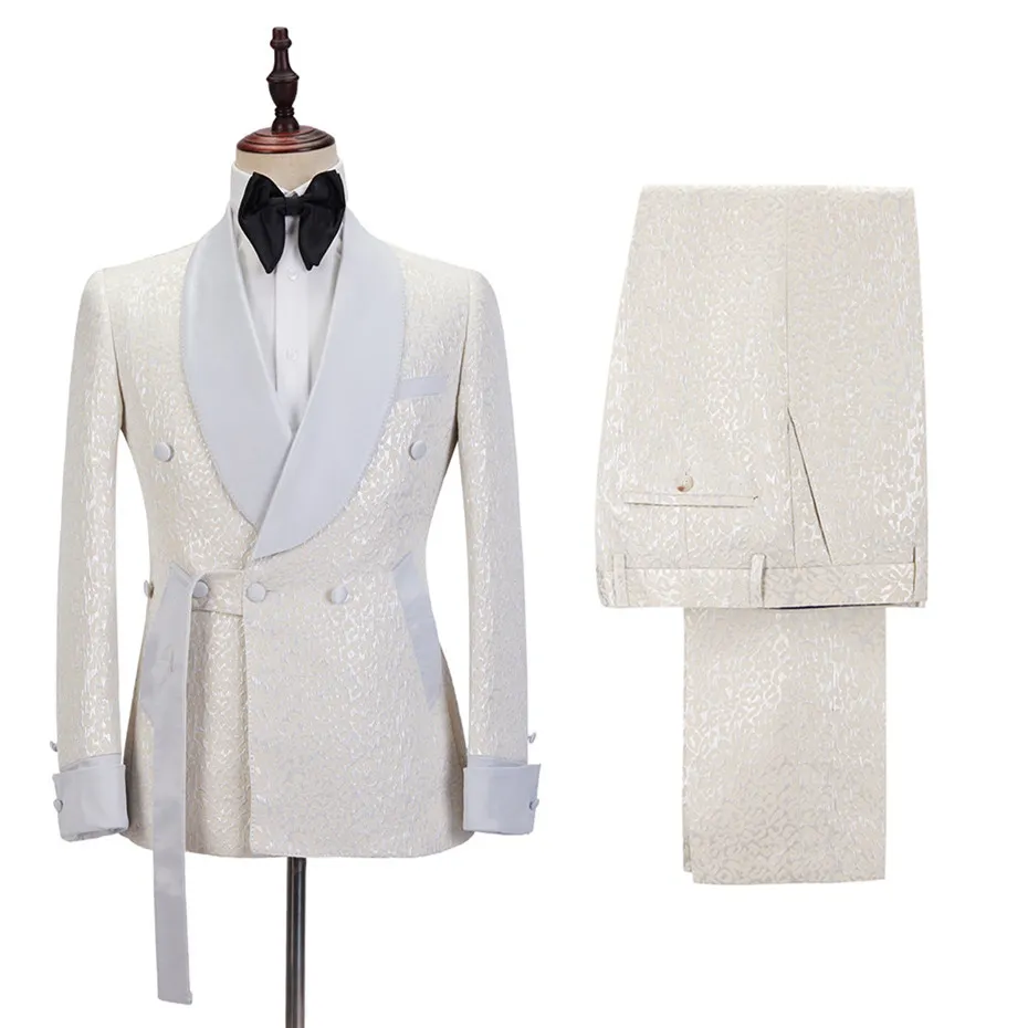 Off White Shawl Lapel Slim Fit Jacquard Bespoke Wedding Suits