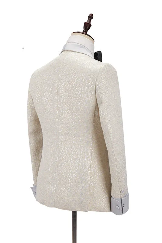 Off White Shawl Lapel Slim Fit Jacquard Bespoke Wedding Suits