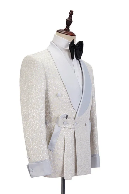 Off White Shawl Lapel Slim Fit Jacquard Bespoke Wedding Suits