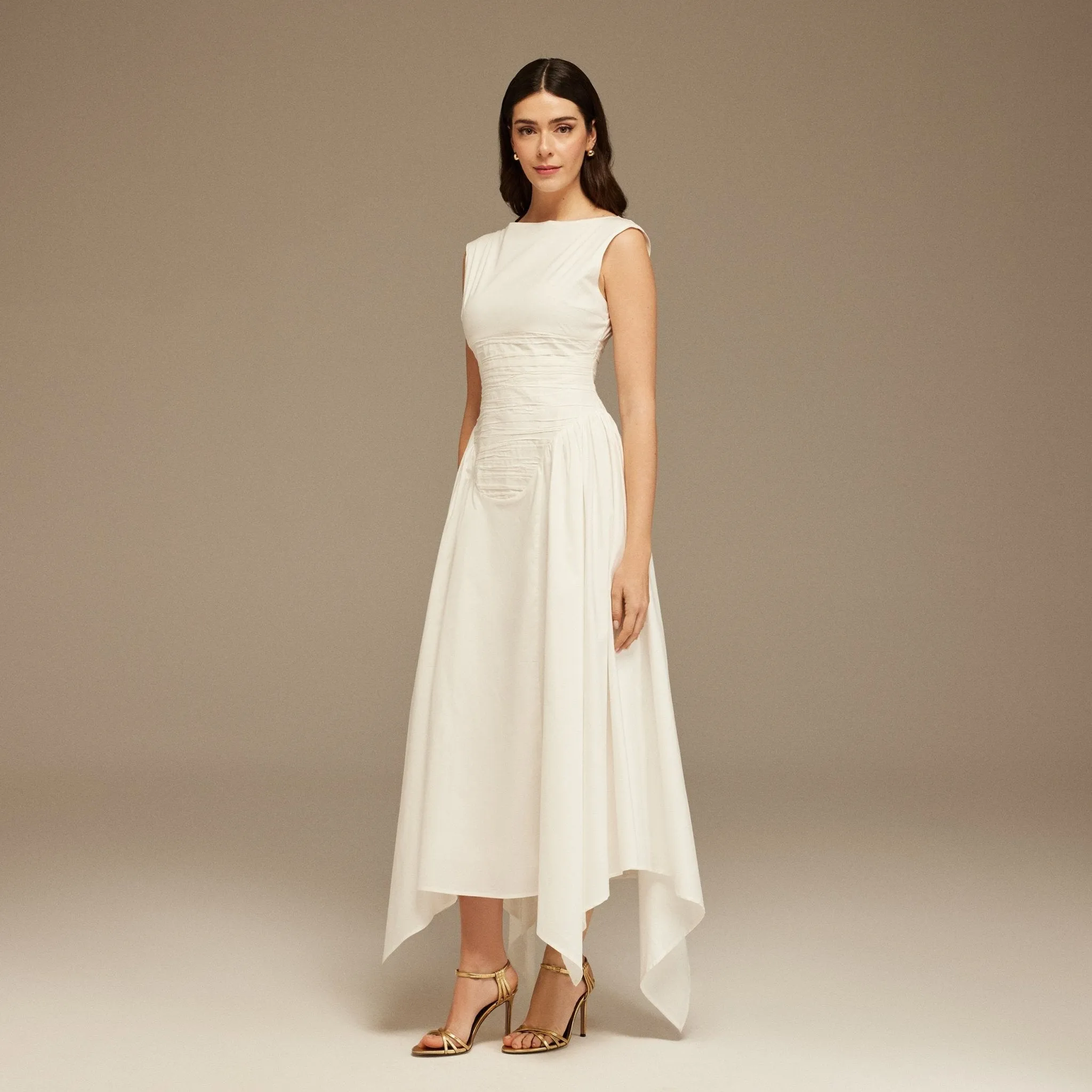 Off White Sleeveless Poplin Pleated Dress