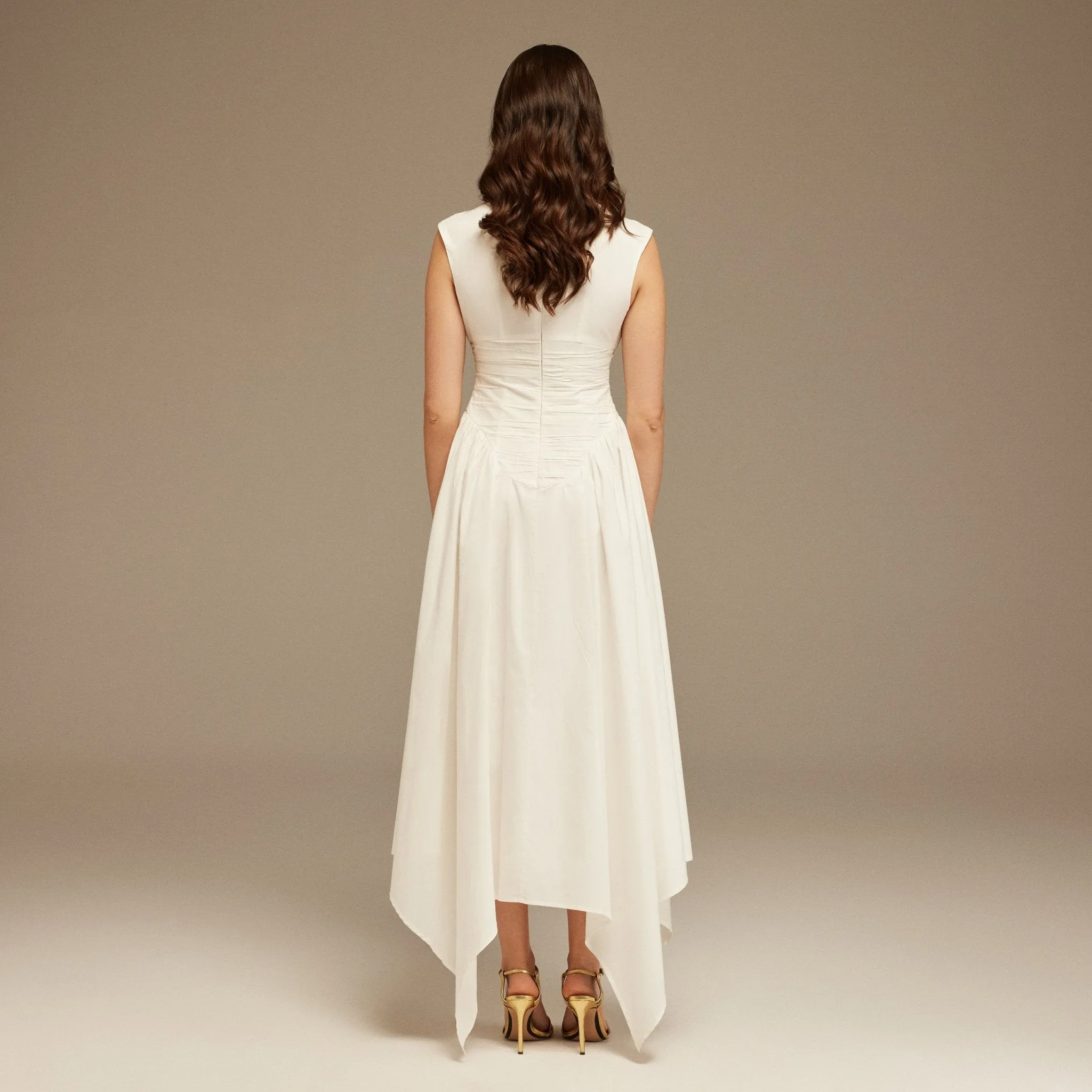 Off White Sleeveless Poplin Pleated Dress
