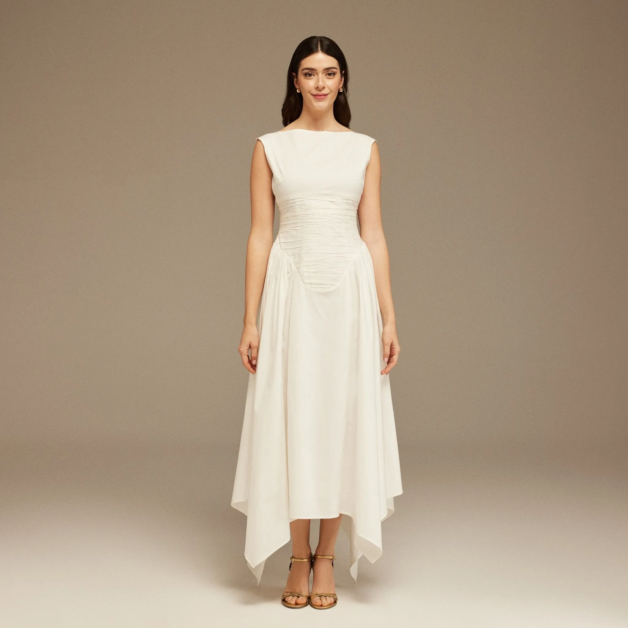 Off White Sleeveless Poplin Pleated Dress