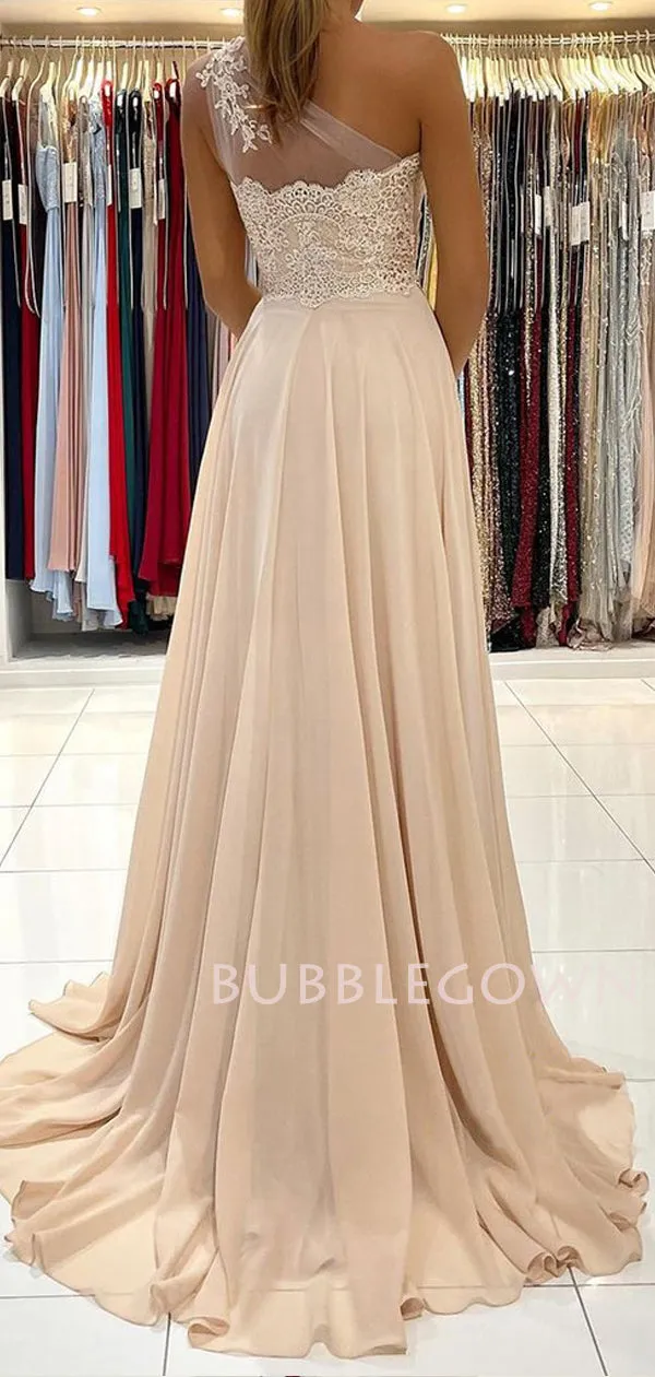 One Shoulder Chiffon Appliques Lace Long Evening Prom Dresses, Cheap Custom Prom Dresses, MR7605