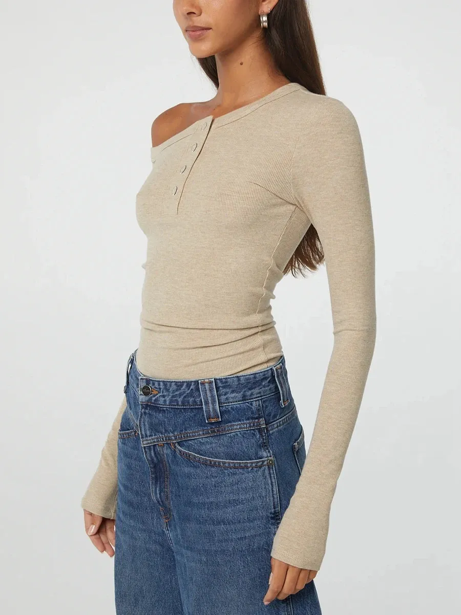 One Shoulder Long Sleeve Button Down Crop Top