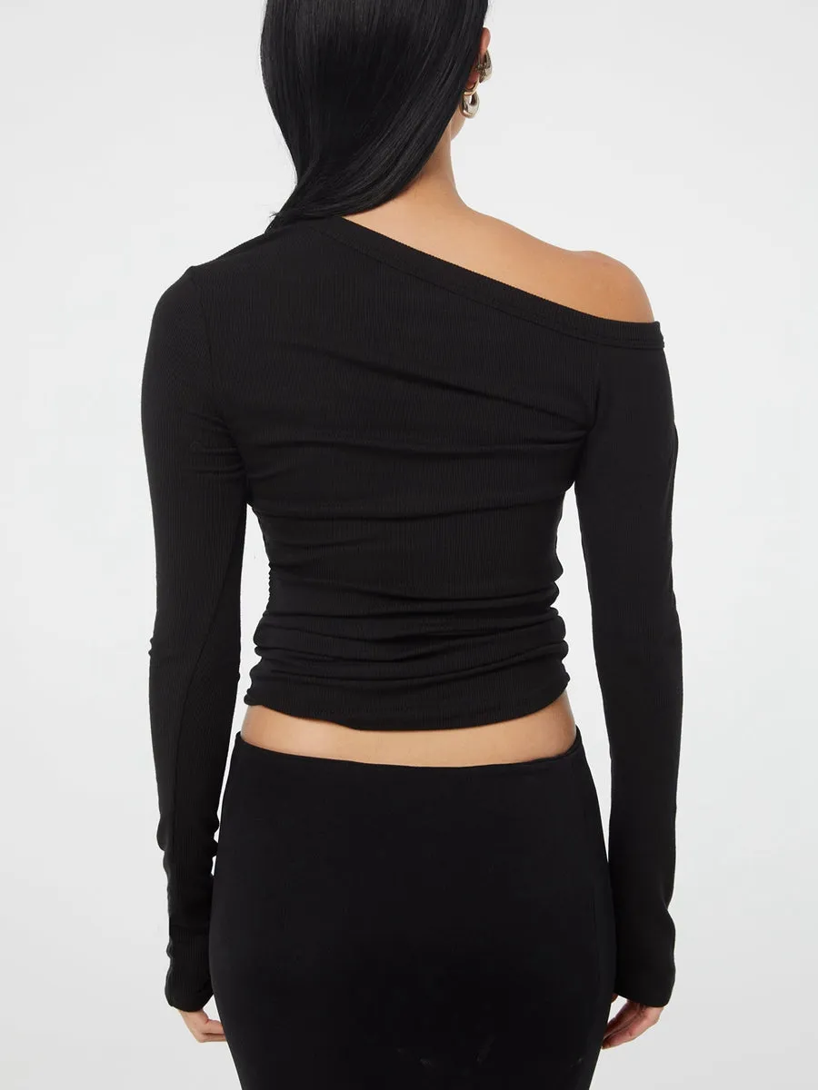 One Shoulder Long Sleeve Button Down Crop Top