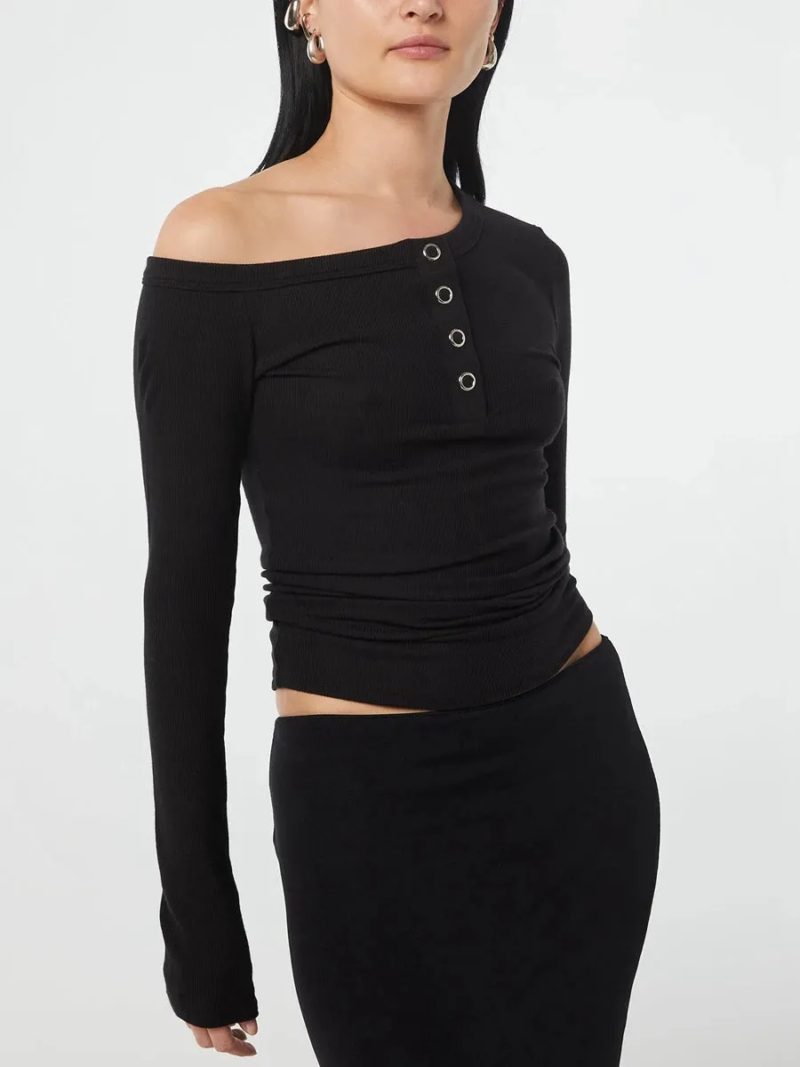 One Shoulder Long Sleeve Button Down Crop Top