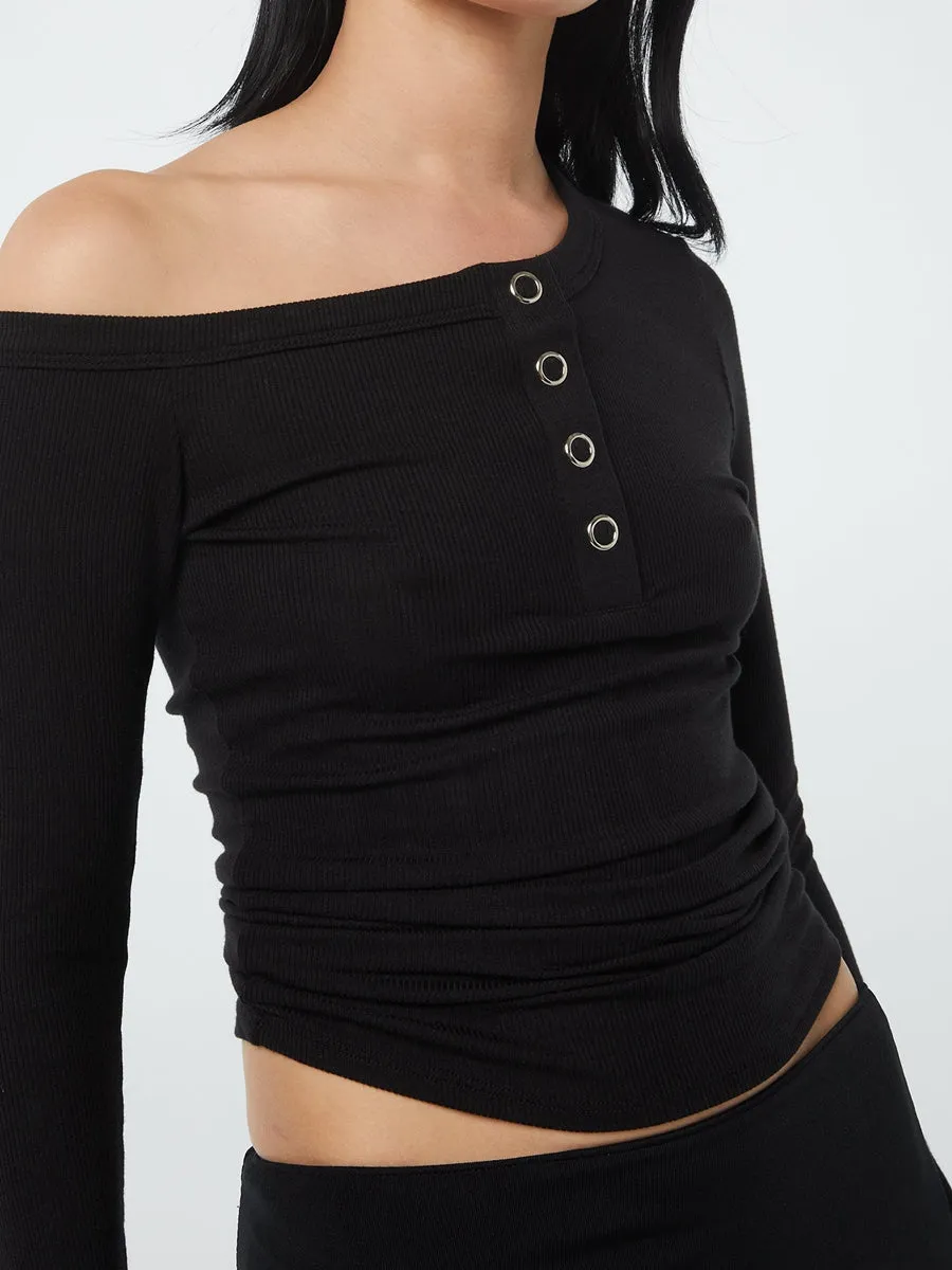 One Shoulder Long Sleeve Button Down Crop Top