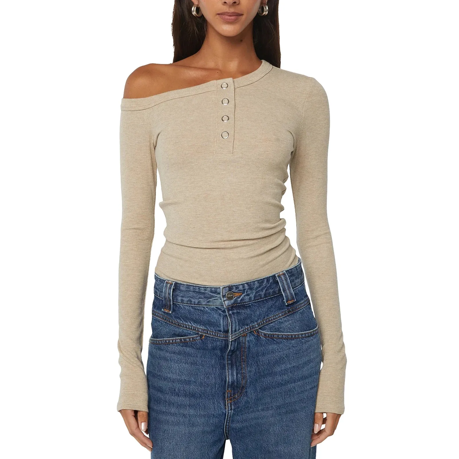 One Shoulder Long Sleeve Button Down Crop Top