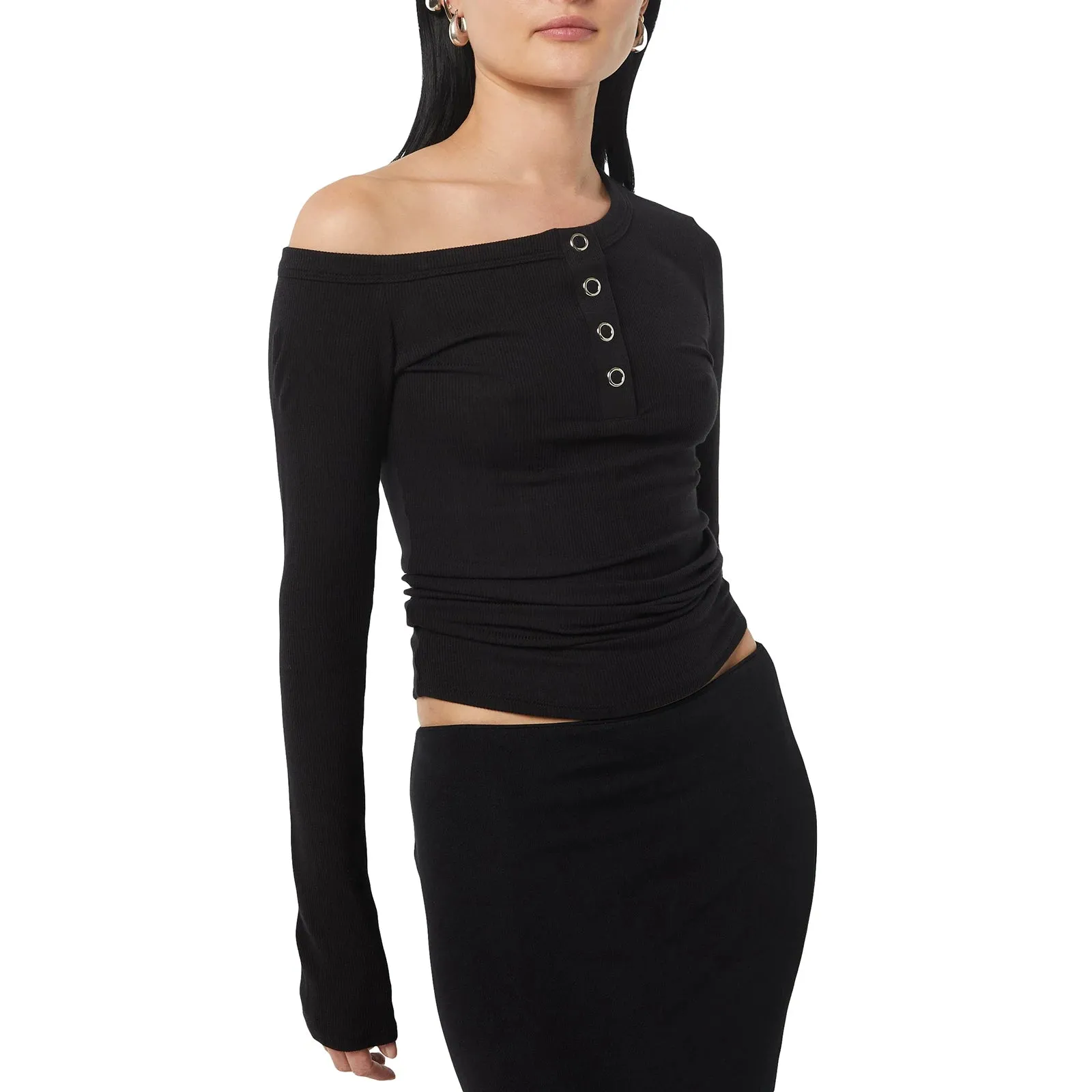 One Shoulder Long Sleeve Button Down Crop Top