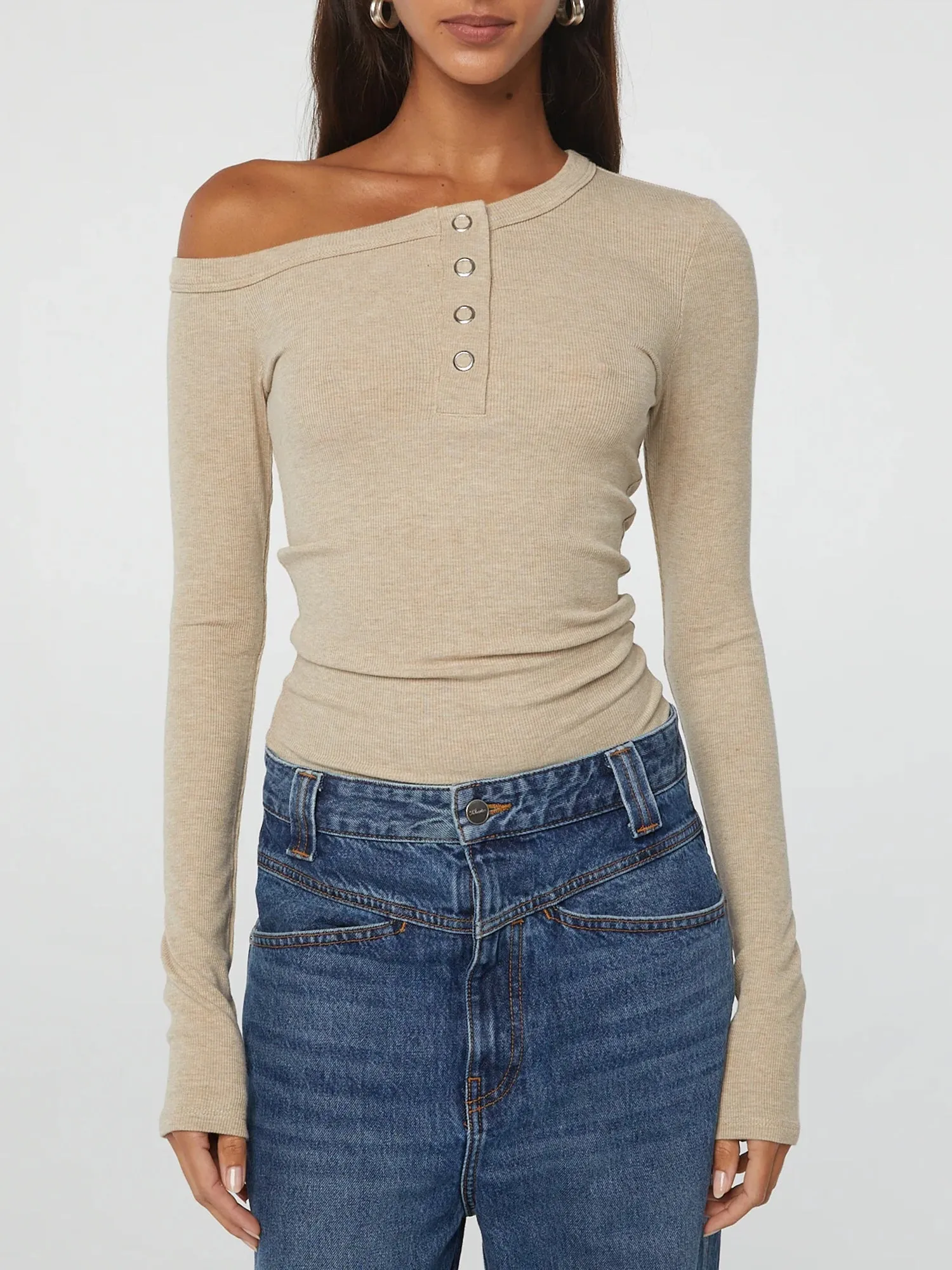 One Shoulder Long Sleeve Button Down Crop Top