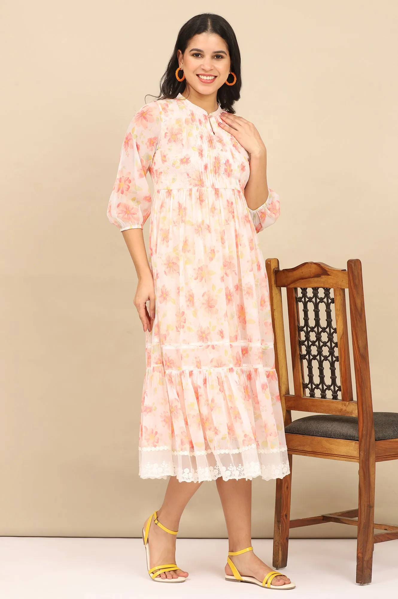 Orange Digital Floral Printed Tiered Chiffon Dress