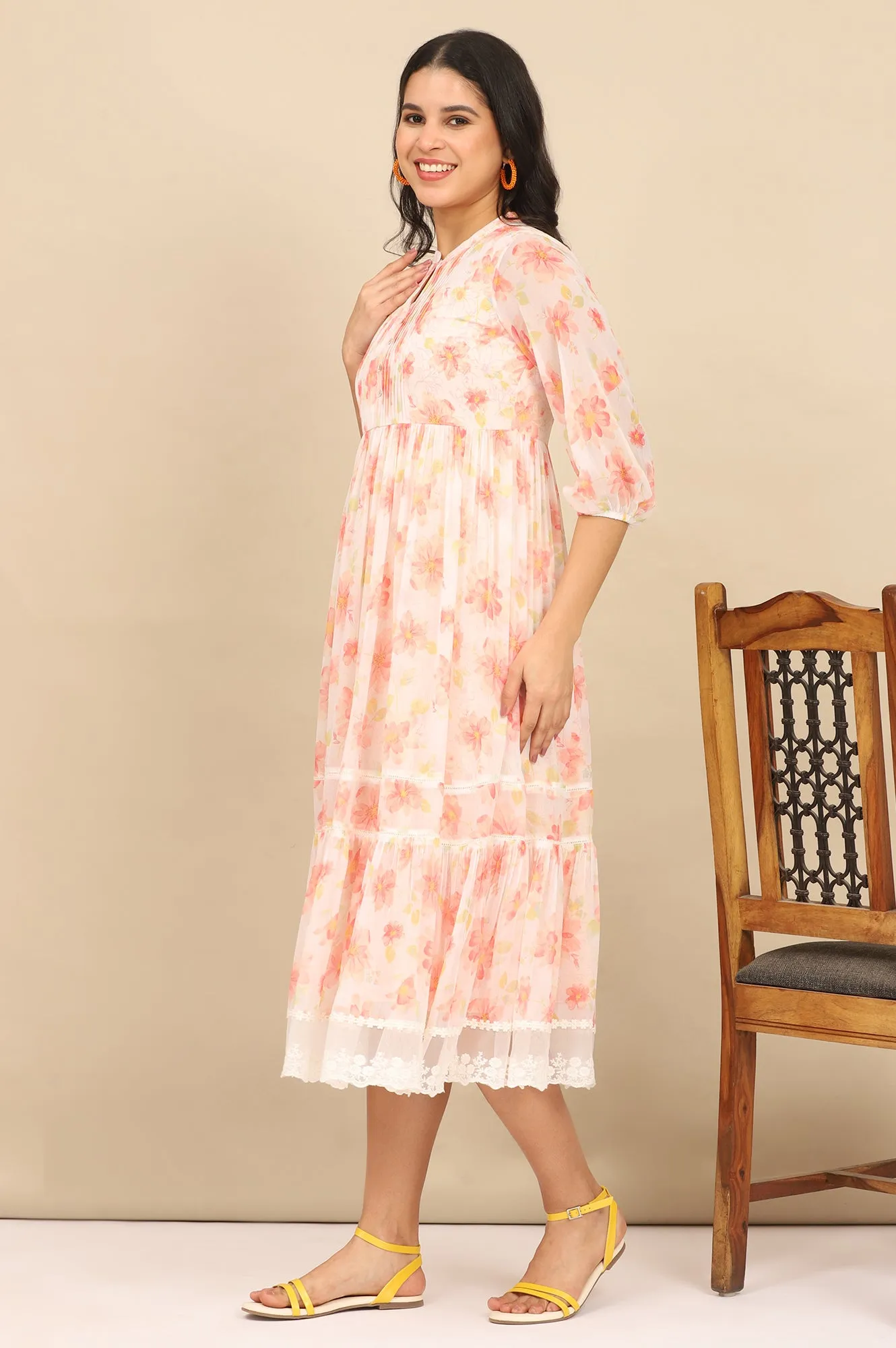 Orange Digital Floral Printed Tiered Chiffon Dress