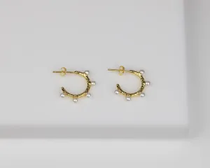 Orb pearl hoop earrings, molten organic gold hoops, mini huggie hoops, dainty pearl hoops, sunshine, wedding bridal pearl, vintage earring