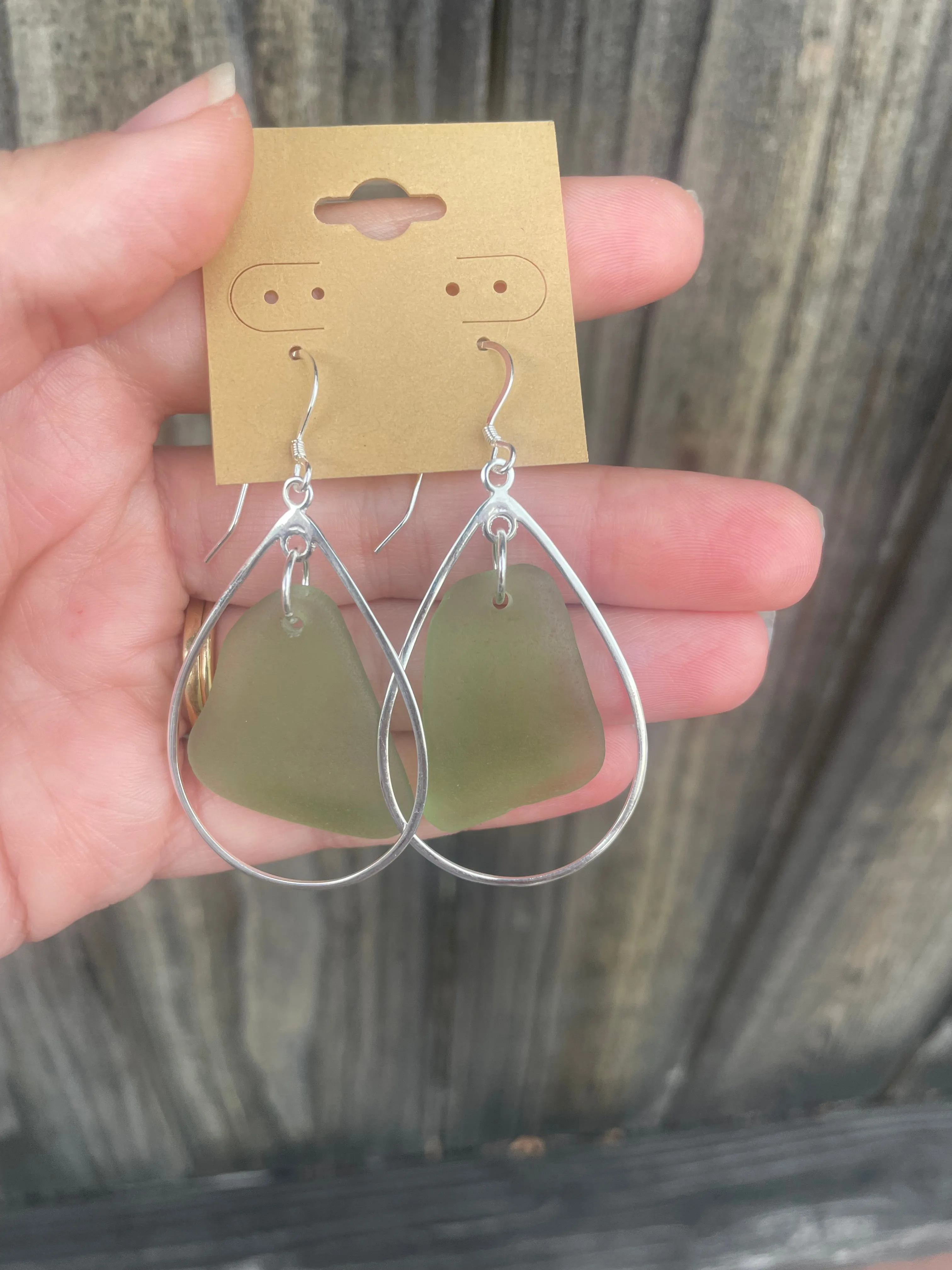 Oval Hoop Sea Glass Earrings in Light Green