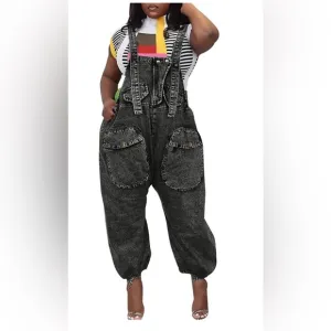 Overalls for Women Casual Solid Strap Button Overall Lace Up Long Straight