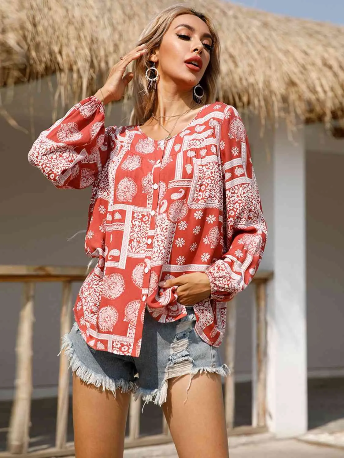 Paisley Print Round Neck Button Down Shirt