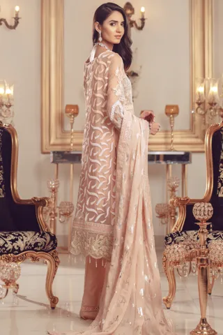 Pakistani Chiffon embroidered shalwar kameez for eid in peach color # P2489