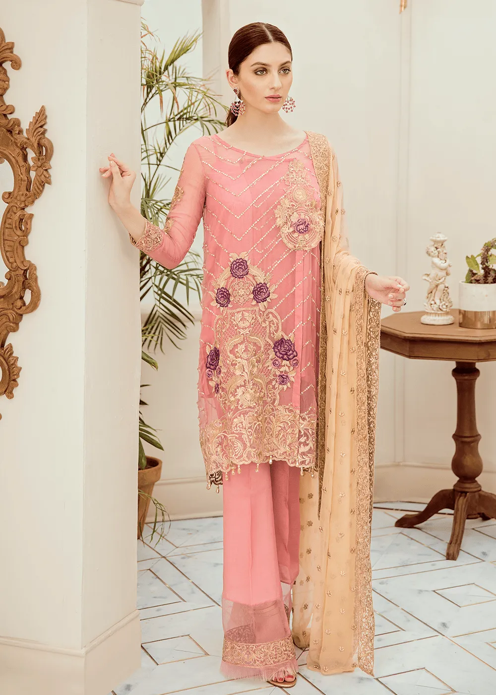 Pakistani embroidered fancy chiffon outfit in pink color # P2285
