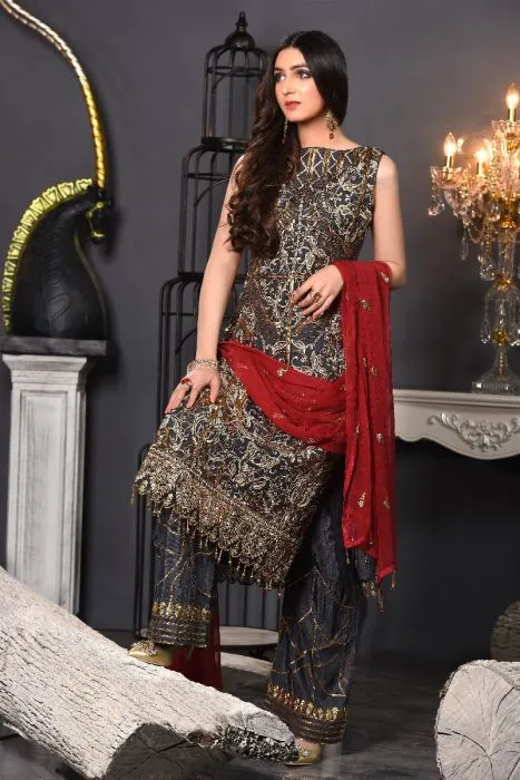 Pakistani Fancy Dress Of Dark Grey Colour # P2609