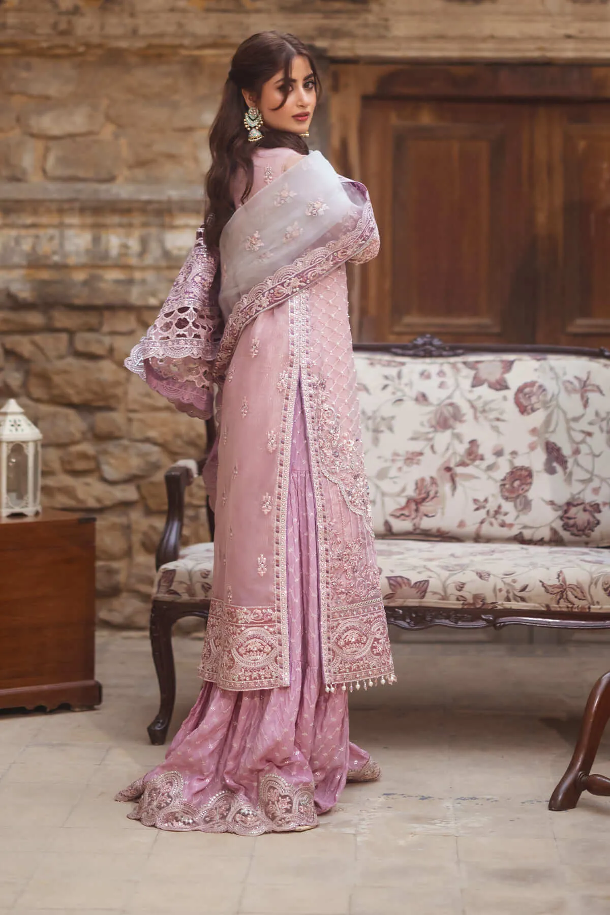 Pakistani Wedding Dress Lavender Heavily Embellished Sharara Kameez
