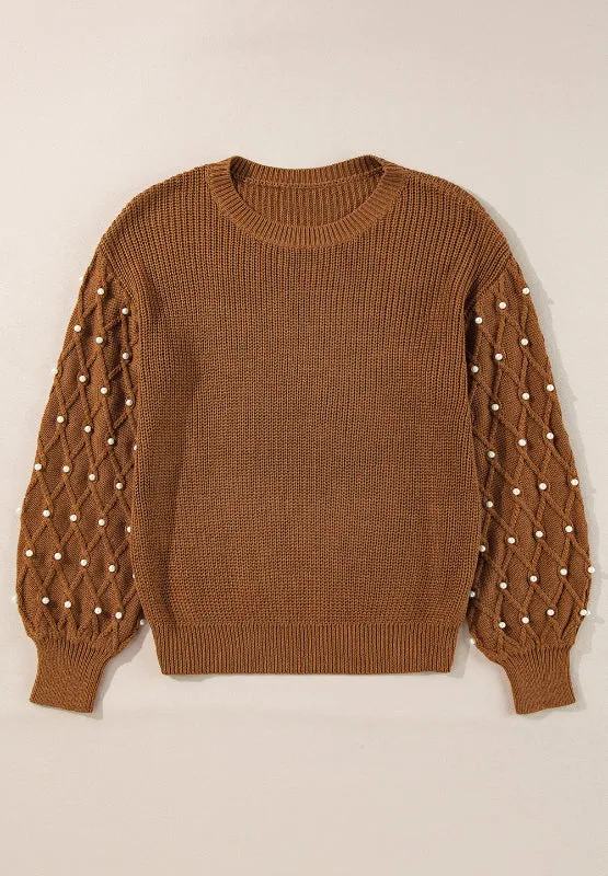 Pearl Detail Round Neck Long Sleeve Sweater